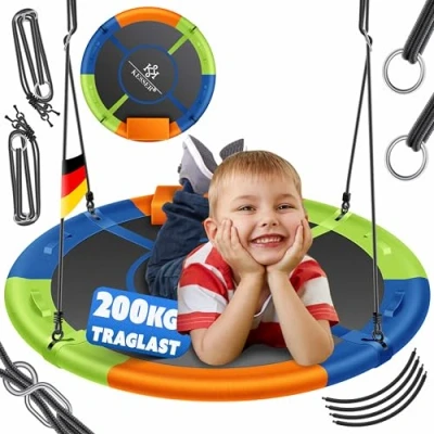 Abbildung von KESSER® Nestschaukel Tellerschaukel Hängeschaukel Rundschaukel Ø 60cm Schaukel bis 200kg belastbar mit Kissen &amp; 4 Griffen verstellbar Kinderschaukel Indoor Outdoor für Kinder Erwachsene Bunt