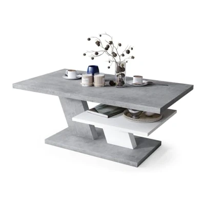 Abbildung von All4All Couchtisch Conte Kaffeetisch Wohnzimmertisch Sofatisch mit Ablage kompakte Größe 110x60cm 05 Beton + weiß