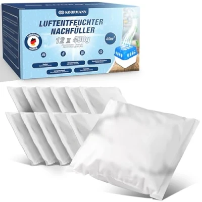 Abbildung von Koopmann® 12x Luftentfeuchter Granulat 400g Nachfüllbeutel Set Nachfüllpack für alle Entfeuchter Nachfüll Beutel Bad &amp; Küche Schutz gegen Schimmel Gerüche