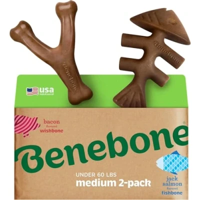 Abbildung von Benebone 2 Pack Indestructible Fishbone/Wishbone Dog Chew Toys, Long Lasting Tough Boredom Breaker For Dogs, Real Salmon and Bacon Flavour, Medium Made in USA