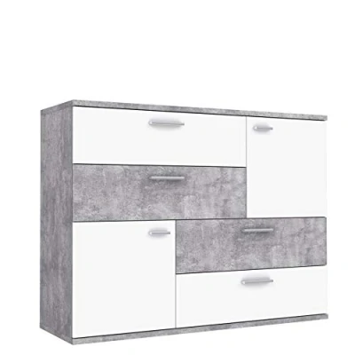 Abbildung von FORTE Skive Kommode mit 2 Türen und 4 Schubladen, Holzwerkstoff, Betonoptik Lichtgrau / Weiß, 124.9 x 41.3 95.9 cm