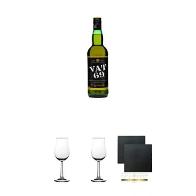 Abbildung von VAT 69 blended Scotch Whisky 0,7 Liter + 2 Bugatti Nosing Gläser mit Eichstrich 2cl und 4cl Schiefer Glasuntersetzer eckig ca. 9,5 cm Ø