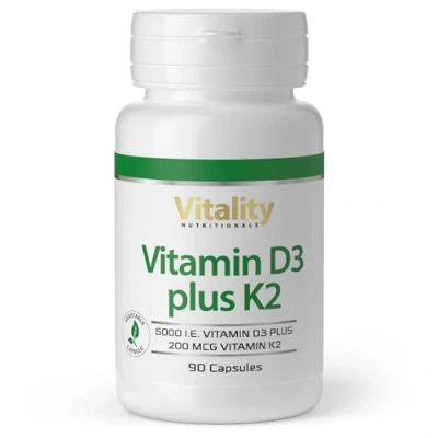 Abbildung von Vitamin Express D3 K2 Hochdosiert, D 5000 IE + 200 mcg Premium All Trans MK7 I 90 Mini Kapseln Hochdosiert hohe Bioverfügbarkeit, frei von Zusatzstoffen Vitality Nutritionals