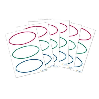 Abbildung von HERMA 5782 Buchetiketten zum Beschriften neutral ovaler Rand, 18 Stück, 74 x 36 mm, selbstklebend, Buchaufkleber für Schule Kinder Mädchen Jungen, blanko Heftetiketten Aufkleber, weiß rot grün blau