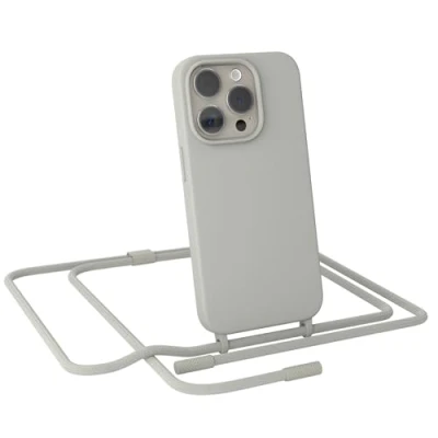 Abbildung von EAZY CASE Handykette kompatibel mit iPhone 15 Pro dünne Handyhülle für Hülle Band als Fallschutz Kette zum Umhängen stoßeste Silikon Mikrofaser in Taupe