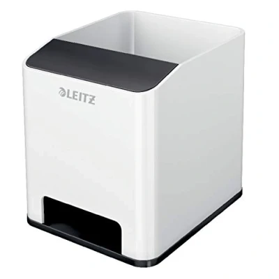 Abbildung von Leitz Sound Stifteköcher mit Soundverstärkungsfunktion, Stiftehalter inkl. Smartphone Fach Weiß/Schwarz, Duo Colour, WOW, 53631095