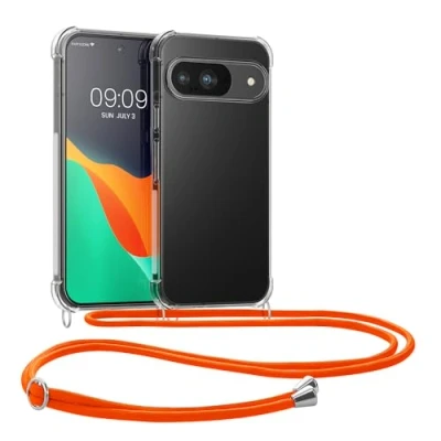 Abbildung von kwmobile Necklace Case kompatibel mit Google Pixel 9 / Pro Hülle Silikon Cover Handykette Band Handyhülle Neon Orange Transparent