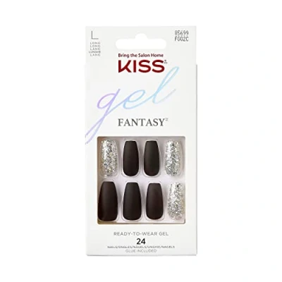 Abbildung von KISS Gel Fantasy Glue On Nails, künstliche Fingernägel, Black &amp; Silver, schwarz silber, lange Länge, Coffin Form