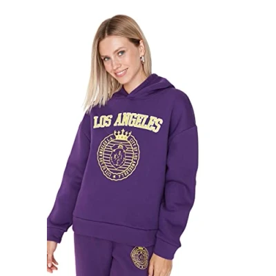Abbildung von TRENDYOL Damen Hood with Slogan Slim Sweatshirt, Lila, XS