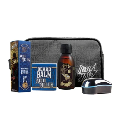 Abbildung von HEY JOE! Bearded Survival Kit Deluxe Nº 3 Acid Melon Bartpflege Set für Männer Hochwertig [ Bartöl + Bart Balsam Bartshampoo Bartbürste ] Geschenk Kulturbeutel Inklusive