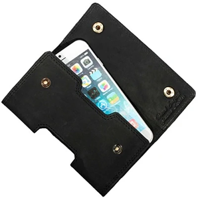 Abbildung von MATADOR Handytasche kompatibel zu iPhone 6/7 / 8/12 13 Mini Gürteltasche Holster Seitentasche Schutz Hülle Büffelleder mit Gürtelclip/Schlaufe (Schwarz)
