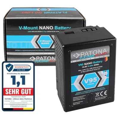 Abbildung von PATONA Platinum Nano V95 V Mount Akku 95Wh, 14.8V, 6400mAh Ersatz für Sony DSR 600P, 650P, HDW 800P, PDW 850 mit P Tap/D Tap, USB Ausgang, LED Anzeige, Überladungsschutz