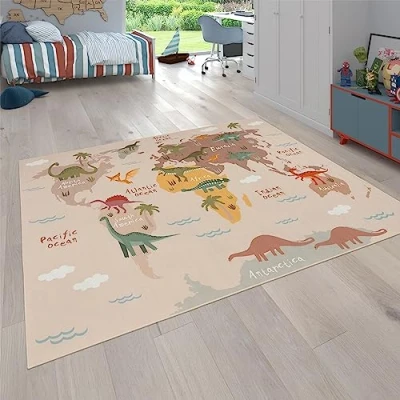 Abbildung von Paco Home Kinderteppich &quot;Bino 583&quot;, rechteckig, Spielteppich, Motiv Weltkarte &amp; Dinosaurier, Kinderzimmer