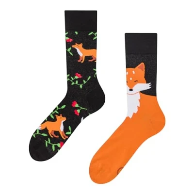Abbildung von Dedoles Socken Unisex Damen Herren &amp; Kinder Baumwolle viele lustige Designs 1 Paar Geschenk links rechts verschieden, Farbe Schwarz, Motiv Fuchs und Blüten, Gr. 35 38
