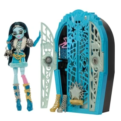 Abbildung von Monster High Skulltimate Secrets Set aus Puppe und Accessoires, Hauntlywood Mysteries Frankie Stein mit zauberhaftem Kleiderschrank über 19 modischen Überraschungen wie Puppenkleidung, JBG81