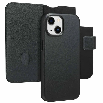 Abbildung von Apple iPhone 15 Hülle MagSafe Echtleder Accezz Klapphülle/2 in 1 Case Handyhülle Schwarz