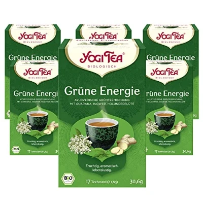 Abbildung von Yogi Tea Grüne Energie, Ayurvedischer Bio Gewürz und Kräutertee, Mischung aus Grünem Tee, Guarana, Ingwer Holunderblüten, Tee 6er Pack, 6x17 Beutel (102 Teebeutel insgesamt)