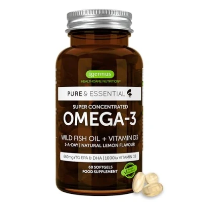 Abbildung von Omega 3 mit Vitamin D3, 80% Hochkonzentrierte DHA+EPA Kapseln, reines Fischöl aus Wildfang, ohne Fischgeschmack, 60 Softgelkapseln, 1 pro Tag, von Igennus
