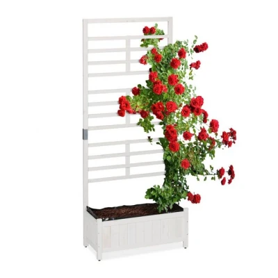 Abbildung von Relaxdays Pflanzkasten mit Spalierwand, HBT 171 x 71,5 32cm, Sichtschutz Blumenkasten, Balkon &amp; Garten, Holz, weiß