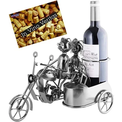 Abbildung von BRUBAKER Weinflaschenhalter Motorrad Paar mit Beiwagen und Hund, (inklusive Grußkarte), Metall Skulptur, Wein Geschenk