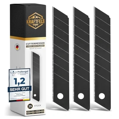 Abbildung von KRAFTFELS 25x Profi Cuttermesser Klingen 18mm Ersatzklingen aus hochwertigem Carbonstahl Gehärtet &amp; ultra scharf Abbrechklingen für Cutter Messer Schwarz…