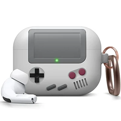 Abbildung von elago AW5 Case mit Karabiner Kompatibel AirPods Pro Hülle Ladecase Design in der klassischen Handheld Spielekonsole Schutzhülle (Grau)