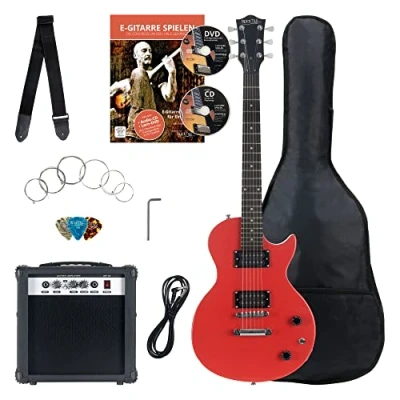 Abbildung von Rocktile Banger&#039;s Pack Komplettset E Gitarre Single Cut Rot (Verstärker, Tasche, Kabel, Gurt, Plecs, Ersatzsaiten und Schule mit CD/DVD)