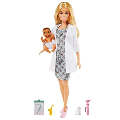 Abbildung von Barbie GVK03 Kinderärztin Spielset mit Blonder Puppe (ca. 30 cm), Babypuppe, Stethoskop, Thermometer, Oszilloskop, Klemmbrett, Decke und Babyfläschchen, tolles Geschenk für Kinder ab 3 Jahren