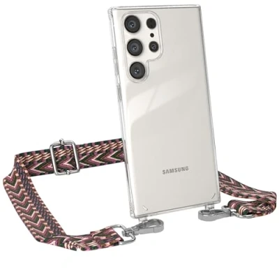 Abbildung von EAZY CASE Handykette Einstellbarer Trageriemen kompatibel mit Samsung Galaxy S23 Ultra, Schulterriemen, Riemen, Hülle aus Silikon, DIY Kettenkombination, Beere/Rosa Metall Silber