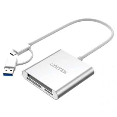 Abbildung von UNITEK All in One Kartenleser USB 3.0 + C Adapter, 5 Gbps, 3 Slots für SD/mini SD/micro SD(TF)/CompactFlash (CF)/MS Windows PC, Mac, Notebook und TV, Silber, Aluminium