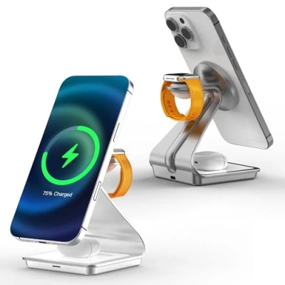 Abbildung von JE Induktive Ladestation Kompatibel mit Magsafe Ladegerät, 3 in 1 Apple Wireless Charger für iPhone 16/15/14/13/12, Watch 8/7/6/5/4/3/2/SE und AirPods 3/2/Pro(Silber)