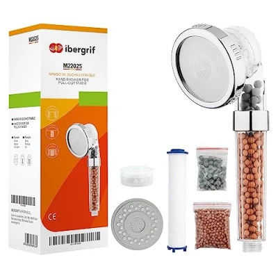 Abbildung von Ibergrif Duschkopf mit FilterWassersparende Hochdruck Handbrause 3 Strahlarten, Schichten Filtration gegen Chlor, Bakterien &amp; Kalk, Antikalk Funktion, Chrom Für Hartes Wasser, M22025