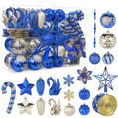 Abbildung von Alupssuc 128 Teiliges Weihnachtskugel Ornament Set, Bruchsichere Christbaumschmuckkugeln, Weihnachtsblumen, Bänder, Baumspitze für Weihnachtsbaum, Feiertage, Hochzeitsfeiern mit Haken, Blau &amp; Gold
