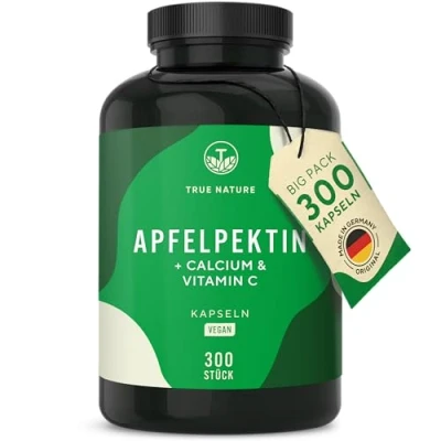 Abbildung von Apfelpektin + Calcium &amp; Vitamin C 300 Kapseln 3.000mg pro Tag Reich an Ballaststoffen unterstützt Verdauungsenzyme, schützt Zellen vor oxidativem Stress* TRUE NATURE