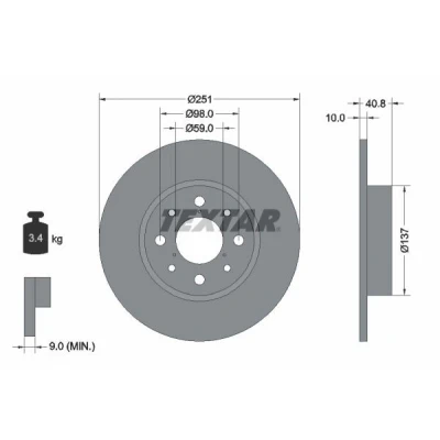 Abbildung von TEXTAR PRO 92202303 Bremsscheibe 251 10 04/08 98 voll beschichtet ohne Radbefestigungsbolzen, Radnabe ALFA ROMEO: MiTo