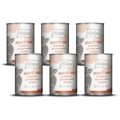 Abbildung von MjAMjAM Premium Nassfutter für Hunde herzhaftes Lamm an gekochtem Reis mit frischen Tomaten, 6er Pack (6 x 400 g), naturbelassen extra viel Fleisch