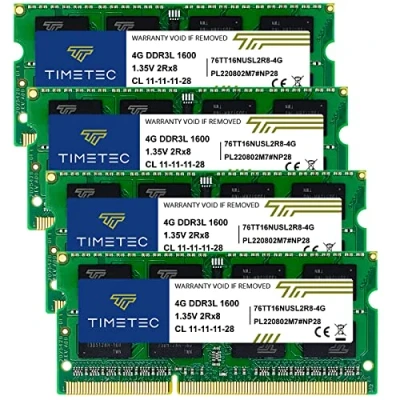 Abbildung von Timetec Hynix IC DDR3L 1600MHz PC3 12800 Unbuffered Non ECC 1.35V CL11 1Rx8 Single Rank 204 Pin SODIMM Laptop/Notizbuch Arbeitsspeicher Module Upgrade (16GB Kit (4x4GB))