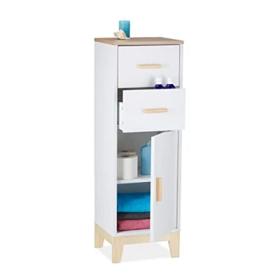 Abbildung von Relaxdays Badezimmerschrank, 2 Schubladen, Türfach, HxBxT: 97,5 x 32 28 cm, Bad &amp; Flur, schmaler Midischrank, weiß
