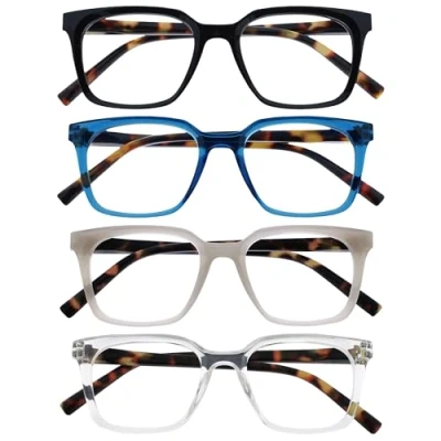 Abbildung von OPULIZE KOI Lesebrille 4er Pack Große Rechteckige Fassung Schwarz Blau Grau Durchsichtig Damen Herren Unisex Federscharniere RRRR50 137C +1.50
