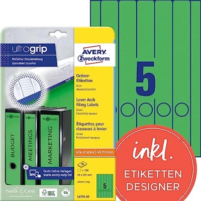 Abbildung von AVERY Zweckform L4750 20 Ordnerrücken Etiketten (100 Rückenschilder mit ultragrip, 38x297mm auf A4, schmal/lang, selbstklebend, absolut blickdicht, bedruckbare Ordneretiketten) Blatt, grün