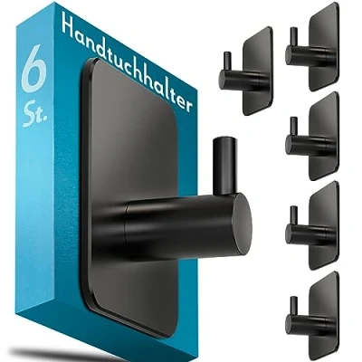 Abbildung von Menz Handtuchhalter ohne Bohren, 6 Stück, schwarz Edelstahl Badezimmer Handtuchhalter, wasserfeste Klebehaken, langlebige Haken fürs Bad, selbstklebend, ideal als funktionale Handtuchhaken