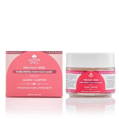 Abbildung von Nature Spell Pink Clay &amp; Rose Poren Perfection Gesichtsmaske 100ml Klärt und strafft die Poren, verwandelt stumpfe müde Haut, für alle Hauttypen 100% vegan, hergestellt in Großbritannien