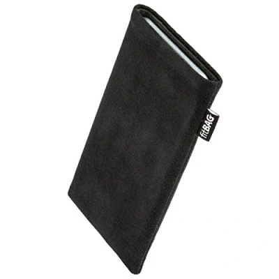 Abbildung von fitBAG Classic Schwarz Handytasche für Apple iPhone 15 Pro Tasche aus original Alcantara mit Microfaserinnenfutter Hülle Reinigungsfunktion Made in Germany