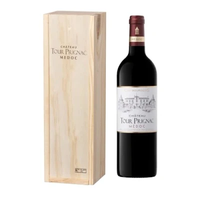 Abbildung von Geschenkset Holzkiste Château Tour Prignac AOP Medoc Cru Bourgeois Rotwein Jahrgang 2019.