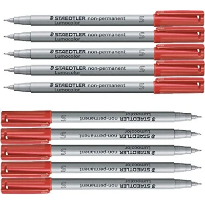 Abbildung von STAEDTLER Universalstift Lumocolor non permanent, rot, feucht abwischbar, für fast alle Oberflächen, Linienbreite ca. 0,4 mm, 10 rote Folienstifte im Kartonetui, 311 2