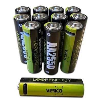 Abbildung von VERICO LoopEnergy AA 2550 Wiederaufladbare USB C Batterie 1,5V 2550mWh (1700mAh) Li Ion Akku, Schnellladung via Anschluss in ca. 2 Stunden, 12er Pack AA, 3 Stück Kabel A auf 4 x