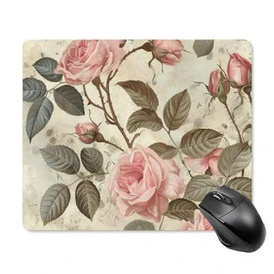 Abbildung von Quadratisches Mauspad, Vintage Rosenmuster, Mauspad mit rutschfester Gummiunterseite, leicht gleitend, personalisiertes Tastatur Pad, Gaming Schreibtisch Schutzmatte für Laptop, Büro,