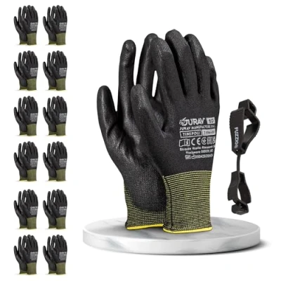 Abbildung von FUZZIO 12 Paar Jurav PU besichtet Arbeitshandschuhe Handschuh Klammer (L 9, Schwarz)