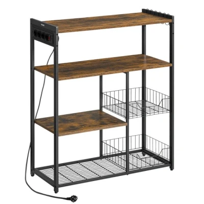 Abbildung von VASAGLE Küchenregal mit Steckdosen, Standregal 2 Metallkörben, Bäckerregal Haken und Regalablagen, Mikrowellenregal, 35 x 80 93,5 cm, Industrie Design, vintagebraun tintenschwarz KKS196K01