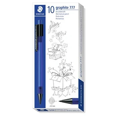 Abbildung von STAEDTLER 777 05 3 Druckbleistift graphite gefüllt mit B Minen, Minendurchmesser 0,5 mm, Schaftfarbe: blau, 10 Stück im Kartonetui